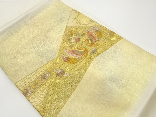 Nagoya obi with gold-colored kirifukomi-future-facing phoenixes, flowers, and cl